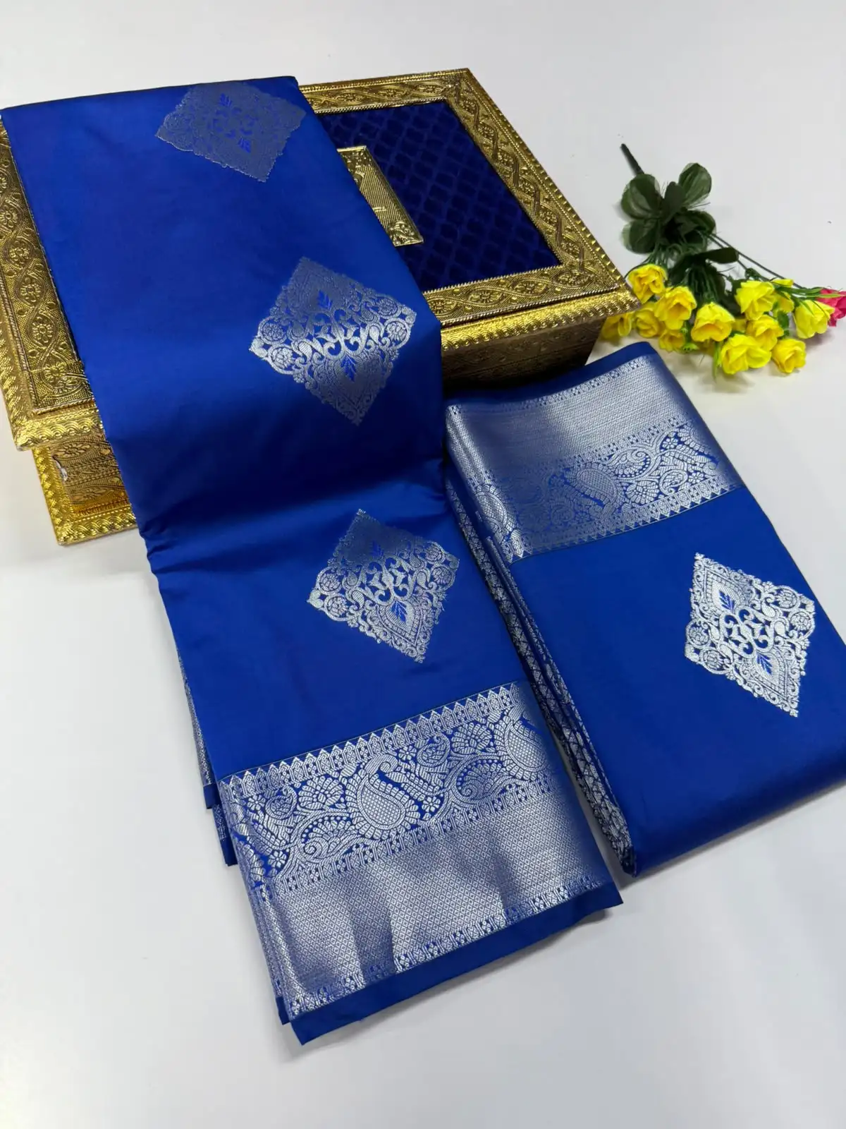 Ornate Floral Diamond Butta Peacock Brocade Border Semi Kanchipuram Silk Saree